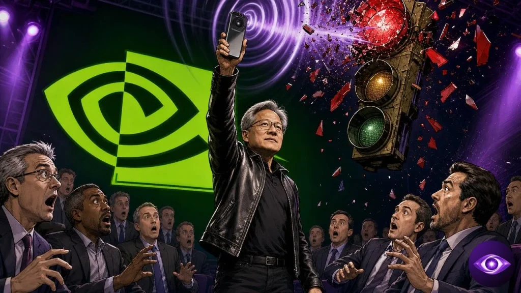 Jensen Huang holding a lit phone above a frozen room of investors