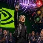 Jensen Huang holding a lit phone above a frozen room of investors