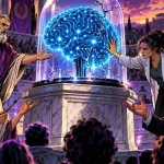 DeepMind Institute gathering a philosopher, an artist and an engineer around a glowing brain under glass