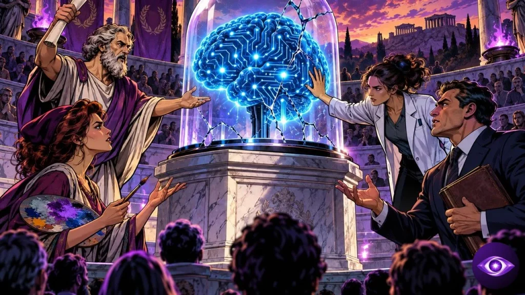 DeepMind Institute réunit philosophe, artiste et ingénieure autour d'un cerveau lumineux sous cloche