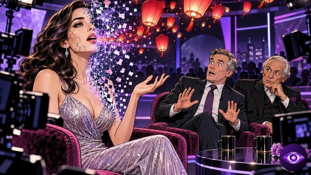 Tilly Norwood, an AI actress with a face cracking into pixels, stuns a TV host