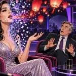 Tilly Norwood, actrice IA au visage fissuré en pixels, face à un présentateur stupéfait
