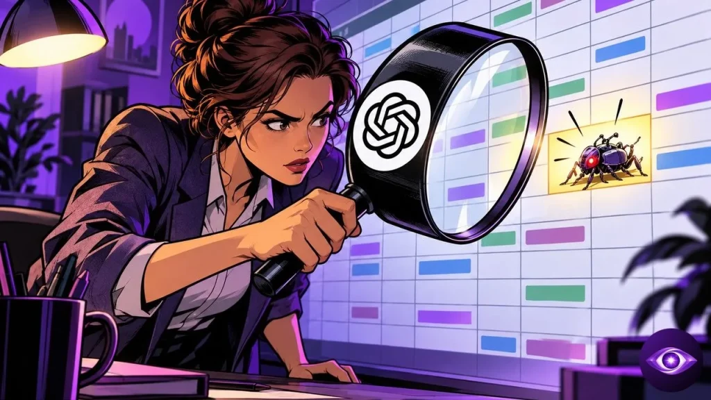 Detective inspecting a giant Excel file with ChatGPT's logo on his magnifying glass
