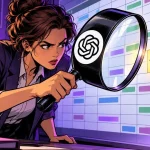 Detective inspecting a giant Excel file with ChatGPT's logo on his magnifying glass