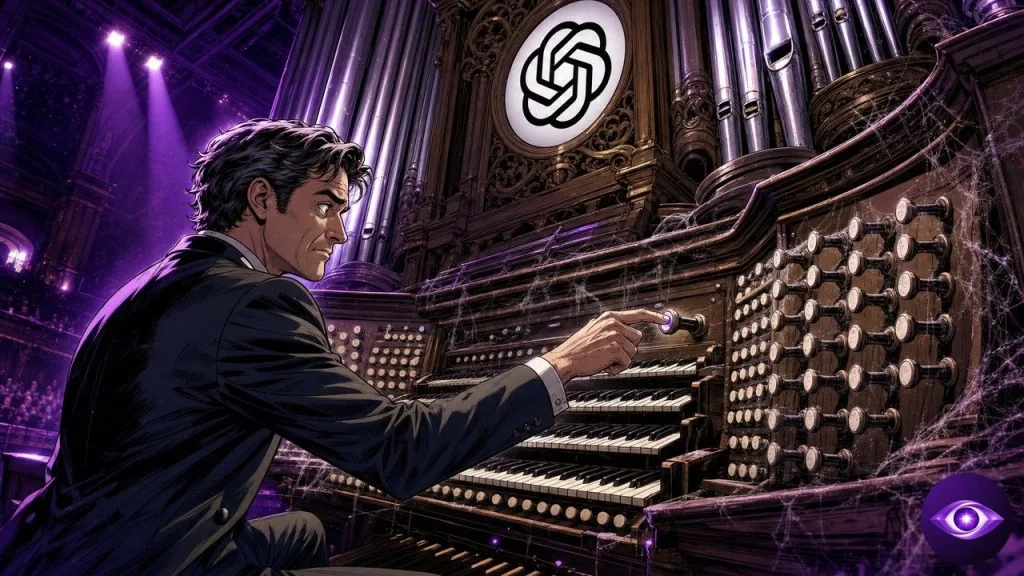 ChatGPT guide shown as an organist pulling a single stop on a colossal pipe organ