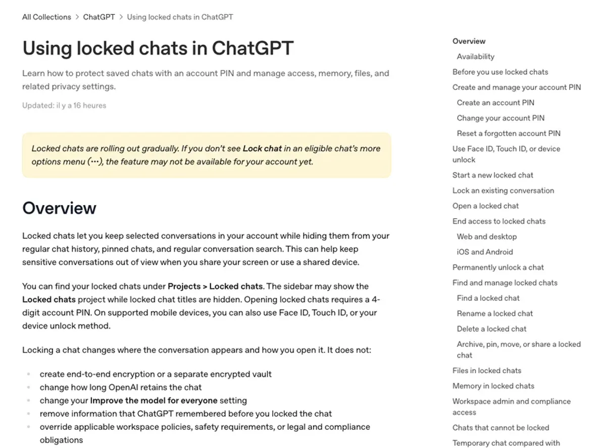 Page d'aide d'OpenAI qui présente les conversations verrouillées de ChatGPT