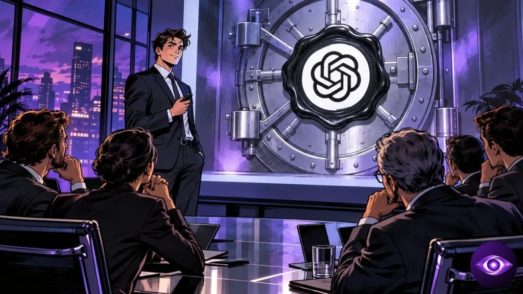 Locked chats in ChatGPT shown as an OpenAI wax seal on a meeting room screen