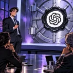 Conversations verrouillées de ChatGPT symbolisées par un sceau OpenAI sur l'écran d'une réunion