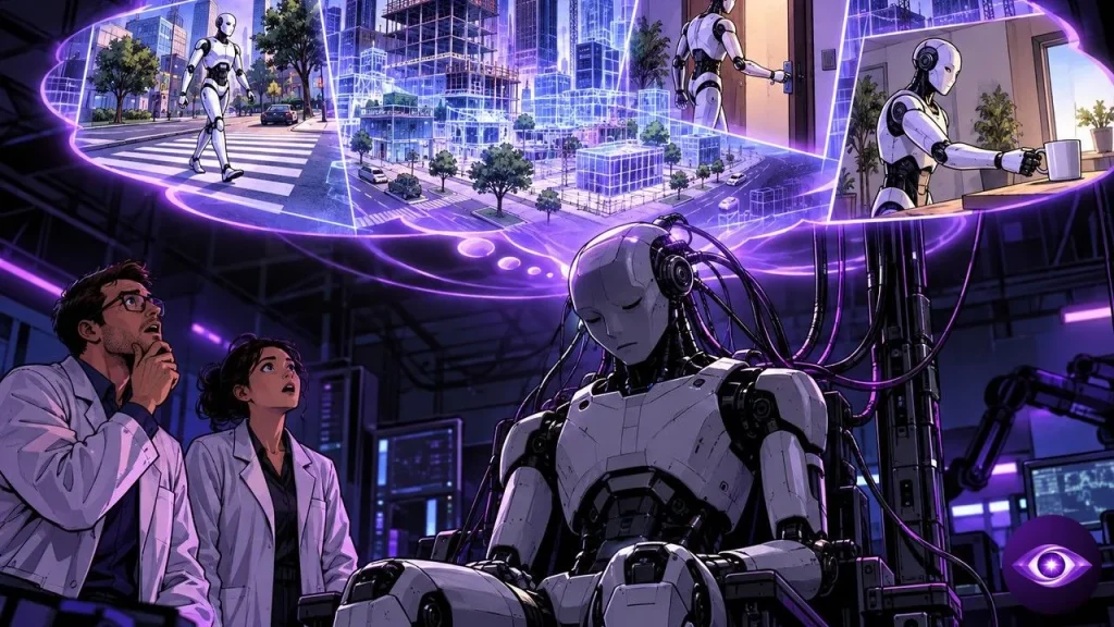 Odyssey-3 projecting a city under construction above a sleeping humanoid robot