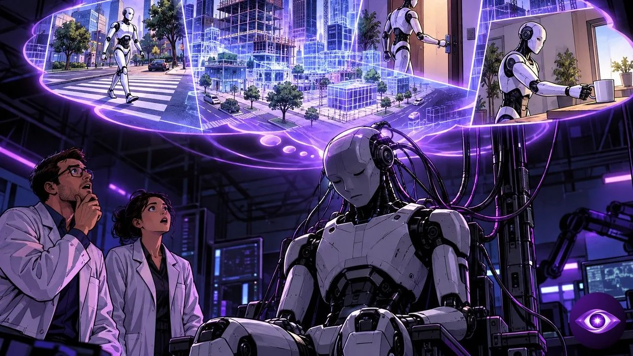 Odyssey-3 projecting a city under construction above a sleeping humanoid robot