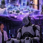 Odyssey-3 projetant une ville en construction au-dessus d'un robot humanoïde endormi
