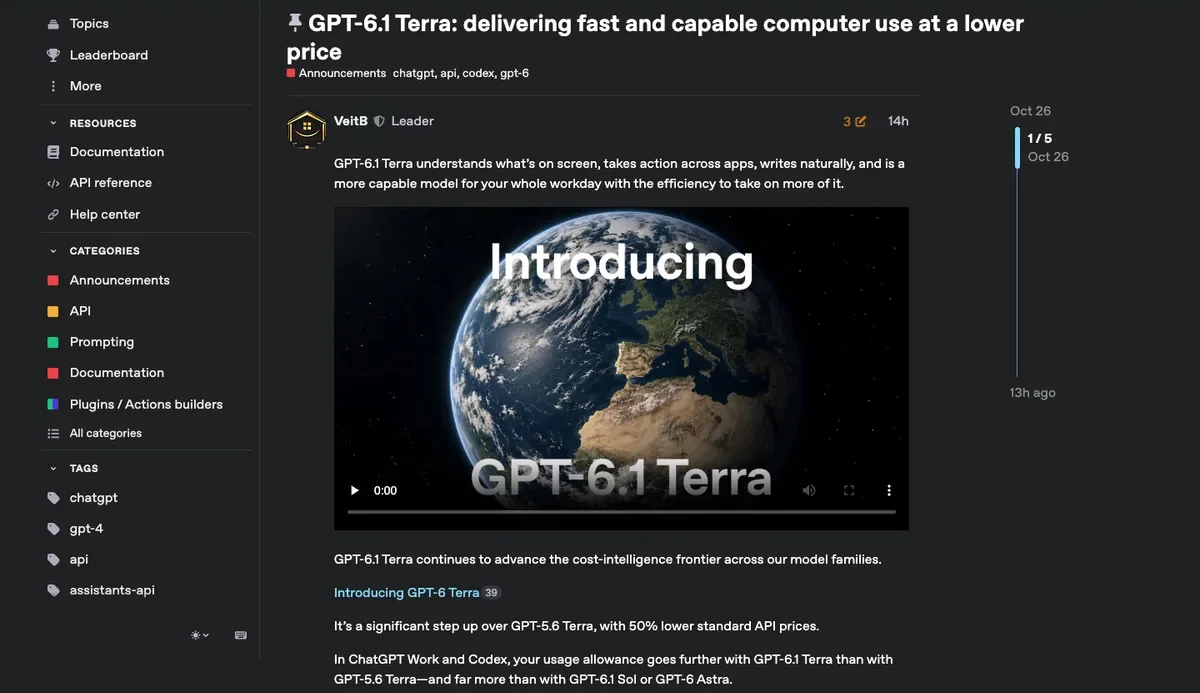 Annonce de GPT-6.1 Terra sur le forum développeurs d'OpenAI