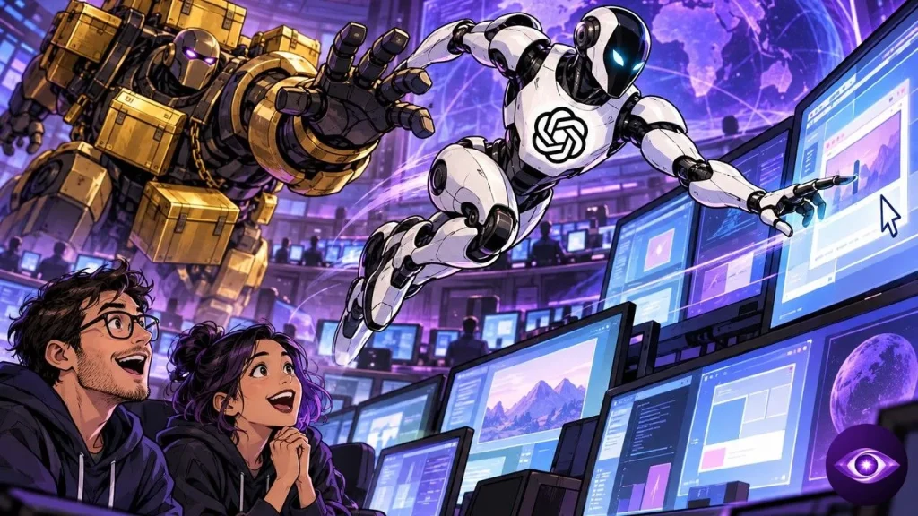 GPT-6.1 Terra as a sprinting robot outpacing a gilded giant in a room of screens
