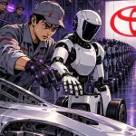 Toyota : un ouvrier apprend son geste à un robot humanoïde devant une armée de machines