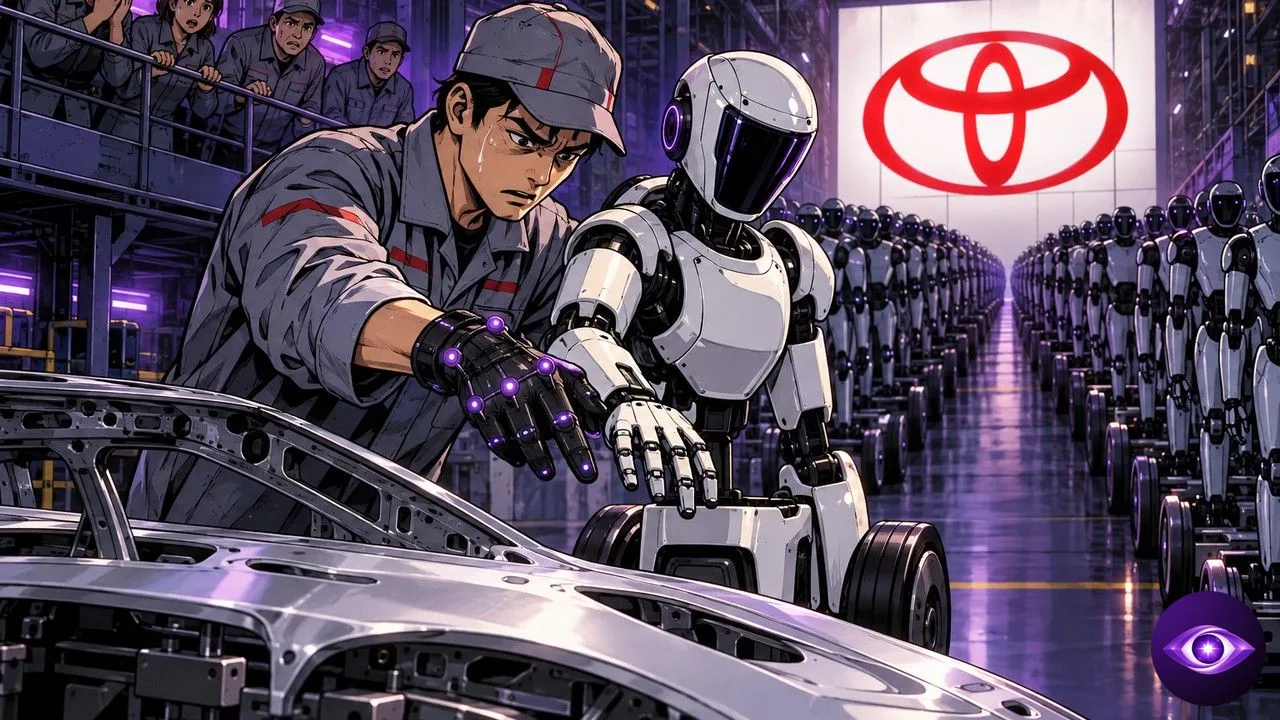 Toyota : un ouvrier apprend son geste à un robot humanoïde devant une armée de machines
