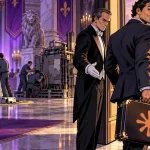 Microsoft and Meta pictured as butlers showing out a visitor carrying a Claude briefcase